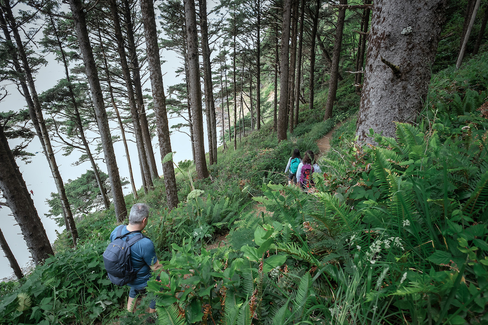 Father And Daughters Hiking In Ecola State Park