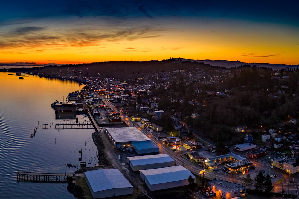 Aerial view of astoria oregon at sunset